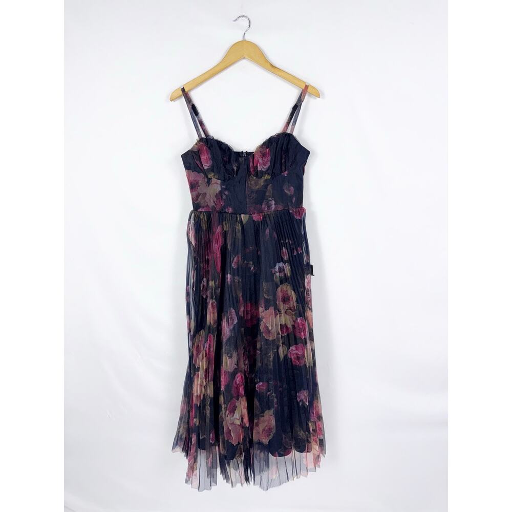 Lulus Alluring Invite Floral Pleated Bustier Midi Dress Women's Medium Navy Blue - Picture 2 of 16